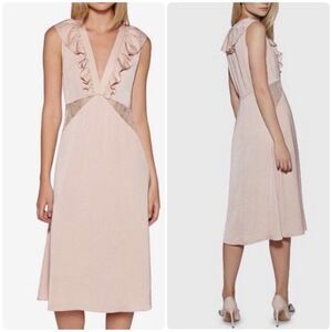 Avec Les Filles Pink Satin Lace Cut Out Ruffle Trim Midi Slip Dress NWT Size S